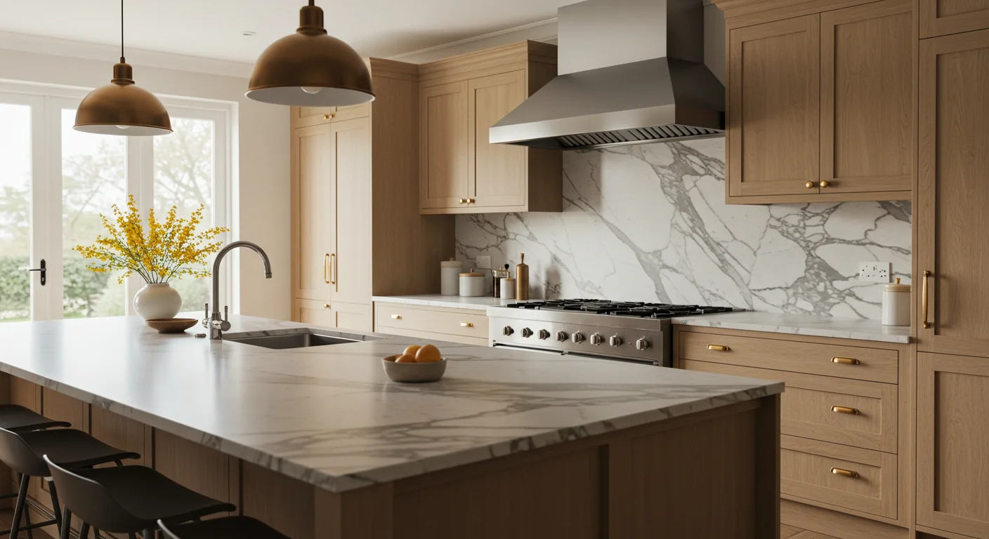 Warm natural wood kitchen with oak cabinets, marble waterfall countertops, and brass pendant lighting